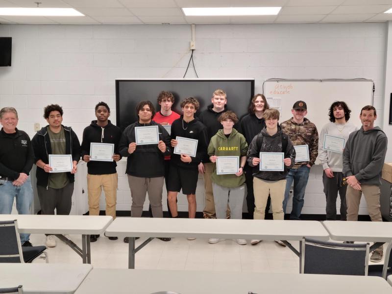 Sussex Technical High School electrical, HVAC and plumbing rotation students shown are (l-r) Geri Corder, Jesus Reyes, Elijah Foreman, Jonathan McCrea, Will Lloyd, Daniel Skipper, Lucas Tryon, Izzy Hastings, Caleb Kelley, Aiden Parsons, Braeden Hovatter, Vahan Biklarian and Neal Wharton. SUBMITTED PHOTO