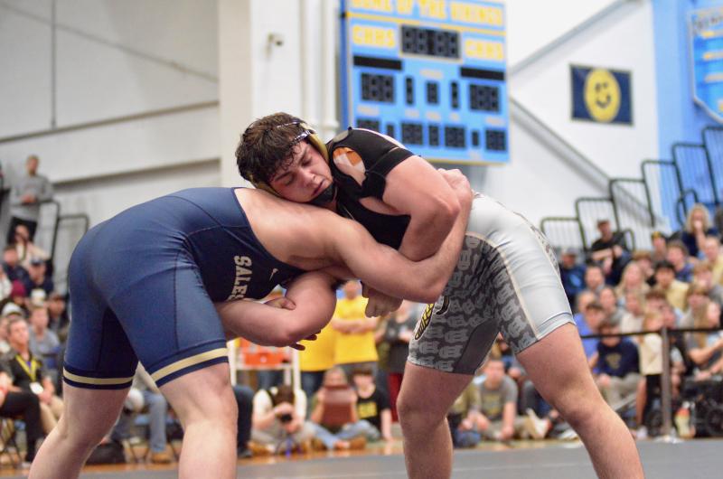 Cape junior Patrick Donahue battled Salesianum’s James Miller in the 215-pound championship. Miller, a senior, pinned Donahue 29 seconds into the third period.