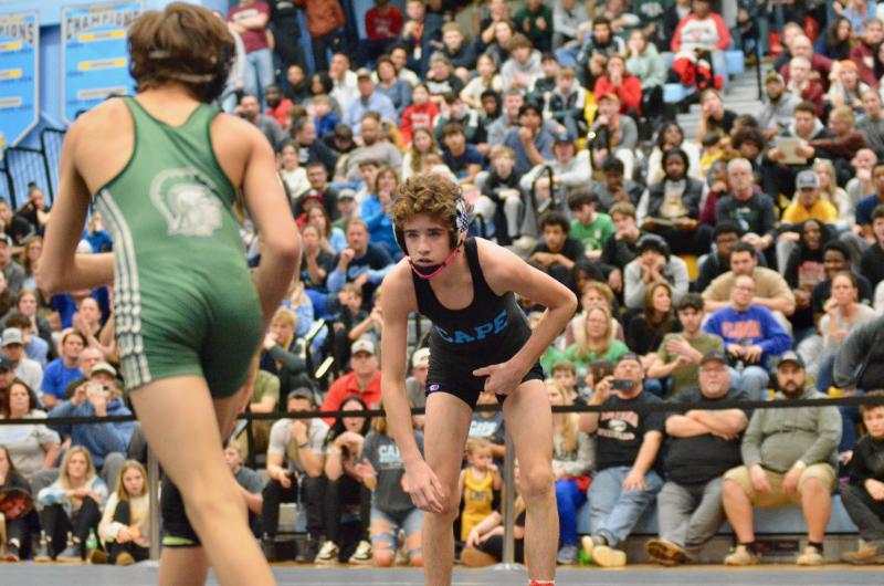 Cape freshman Austin Guerrieri eyes up his Spartans opponent, Clif Bakhsh, knowing he needs to collect points late in the match.