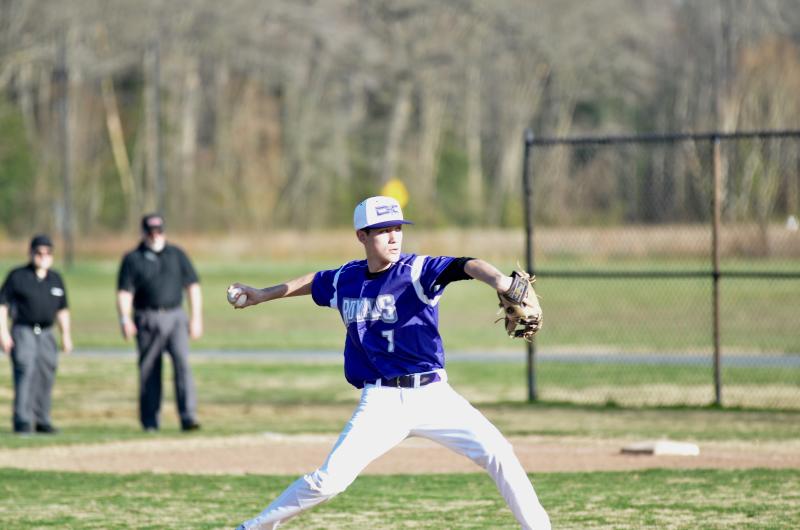Delmarva Christian junior Kasey Bell fires a strike. He pitched 1.1 innings against the Sabres, striking out three.