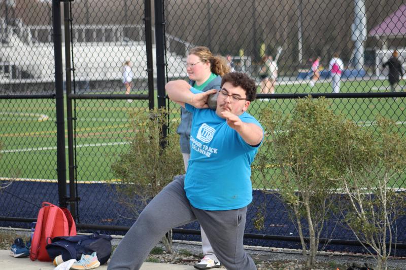 Senior Max Rial earned first-team Henlopen Conference honors during the 2023-24 indoor track season. He is one of the top shot putters in the state. Rial is shown executing a spin move not everyone can pull off.