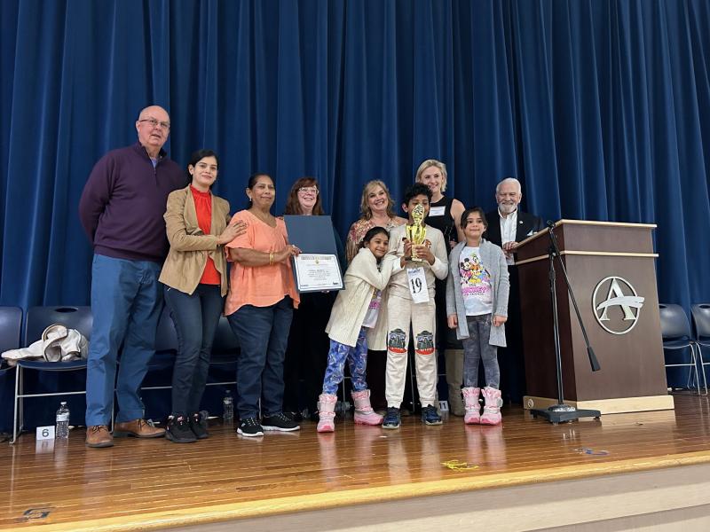 Vihaan Jagadeesh, a 10-year-old fifth-grader from Rehoboth Elementary School, was the winner of the second annual Sussex Country Regional Spelling Bee, held at Sussex Academy in Georgetown March 16. Shown are (l-r) contest judge and Sussex County Councilman Mike Vincent, Suman Jagadeesh, Nandani Jagadeesh, emcee Lisa Petrecca, judge and County Librarian Rachel Lynch, Aashna Jagadeesh, Vihaan Jagadeesh, judge Madeline Overturf, Anika Jagadeesh and pronouncer David Skocik. RYAN MAVITY PHOTO
