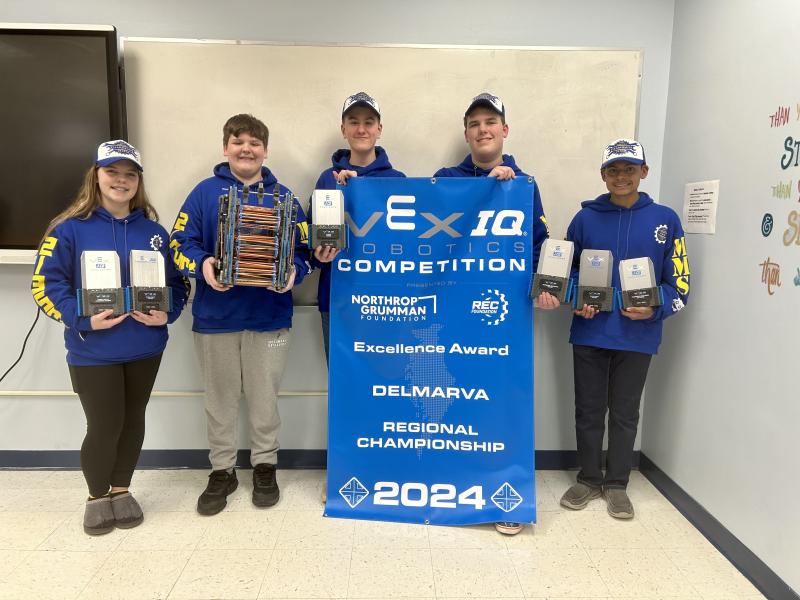 The Millsboro Middle team Gear Heads (l-r) comprising Lydia Brown, Chase Mayer, Dylan Karr, Rowan Brown and Raul Hernandez-Barrios won the Excellence Award, second place for the Teamwork Award and the Judges Award. They are heading to the world championship. ELLEN DRISCOLL PHOTO