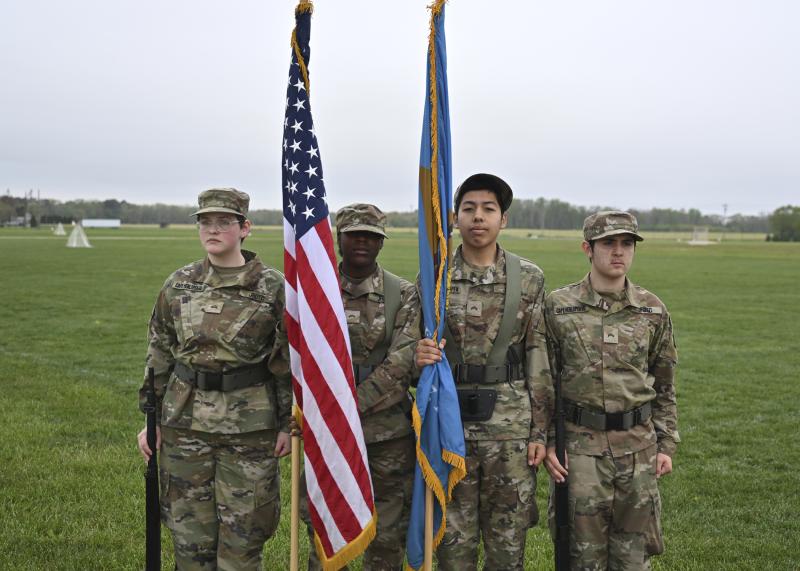 Posting the colors at the beginning of the ceremony are (l-r) Cadet Sgt. Skip Dalton, Cadet Cpl. Cianna Steer, Cadet Cpl. Guilmar Ramirez and Cadet Cpl. Wesley Sartain.