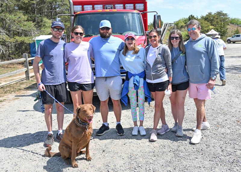 Getting ready for the walk are members of Team Woody’s. Shown are (l-r) Jackson Zolper, Emma Hiett, Liam Zolper, Anne Marie O’Conor, Gia Zolper, Meg DeGraft and Jimmy O’Conor and Waylon the dog. The Woody’s team raised the most with $18,000.