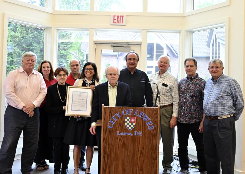Gathered at the Greater Lewes Foundation are (l-r) Mike Rawl, GLF executive director; Marcy Saliba; Sue Saliba; Khalil Saliba, Lewes deputy mayor; Dr. Nada Saliba Hart; Joe Stewart, GLF chair; Dr. Zouhair Harb; Ted Becker, former mayor and GLF board; Jim Ford, former mayor and GLF board; and Hugh Leahy, GLF treasurer. TED PFIRRMANN PHOTOS