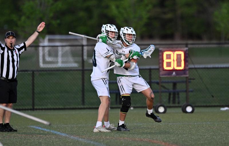 Maxwell Gray (Polytech), left, celebrates Cameron Hellens’ (Sussex Central) goal off a won face-off.