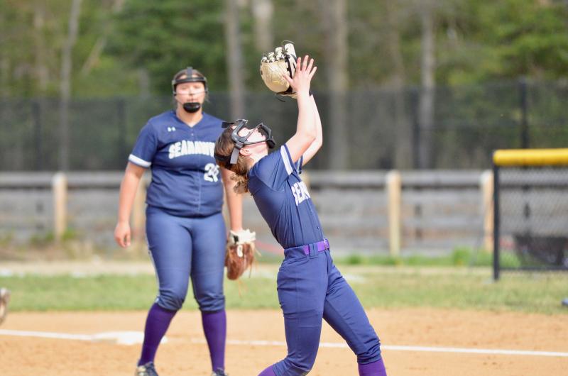 Sussex Academy pitcher Carson Gesuero catches a sky-high pop-up from catcher Alivia Heers in the top of the first.