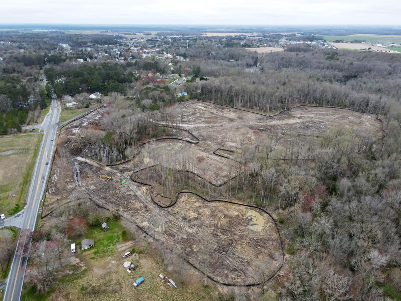 Milton officials are considering changes to the town’s tree ordinance after citizens noticed the large number of trees cut down at the intersection of Front Street and Cave Neck Road to make way for the Cannery Village IV development. Cave Neck Road runs along the left side of the photograph, with downtown Milton shown in the distance. NICK ROTH PHOTO