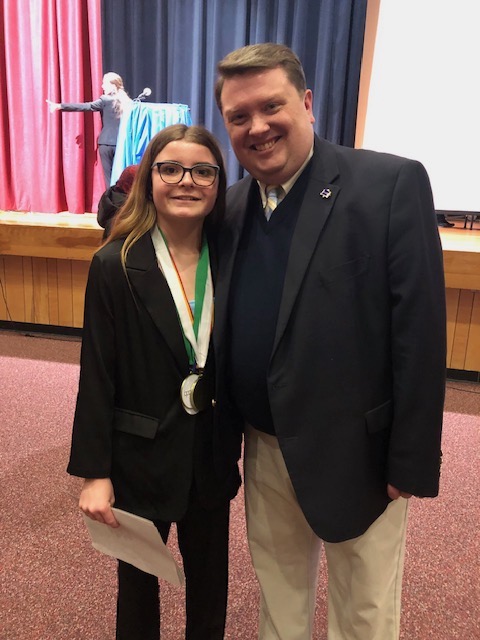 Mariner Middle BPA Advisor Dr. Daniel Shockley congratulates club newcomer Daisy Hughes, who became the school chapter’s all-time most awarded seventh-grader after securing five top-five finishes at the Delaware BPA State Leadership Conference. SUBMITTED PHOTOS