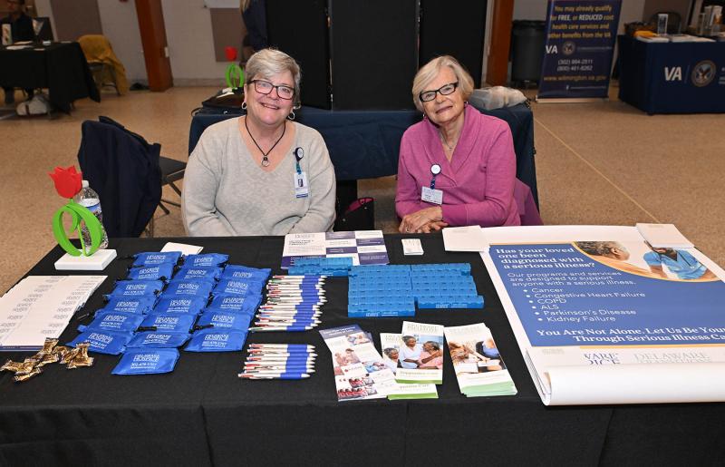 Presenting information about hospice services are Ann DeLazaro, director of Delaware Hospice, and hospice volunteer Kathleen Frankie.