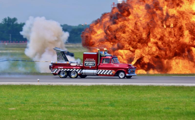 The Smoke-N-Thunder jet-powered truck is always a crowd pleaser. The pyrotechnics were set off as the truck sped down the runway.