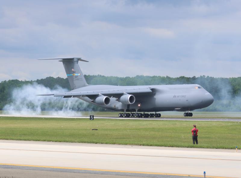 When the USAF’s largest cargo plane smokes the tires, you know it. A Dover-based C-5M burned some rubber when landing after its demo.