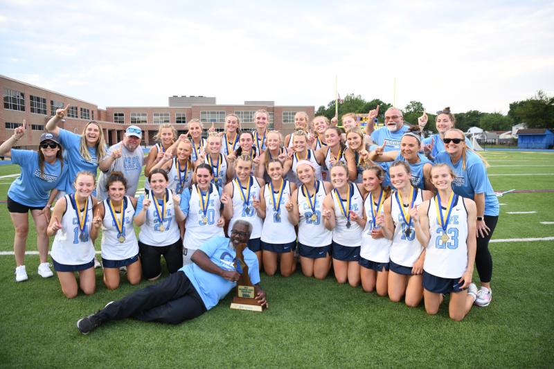 Shown celebrating the state championship in back are (l-r) Anna Frederick, Chelsea Bristow, Drew Messick, Macy Steinwedel, Regan Best, Olivia Burketine, Grace Wiggins, Anna Sullivan, Kathryn Wyshock, Madison Mark, Bruce Leibu and Kiva Walsh. In middle are Allaire Burton, Hannah Abel, Claire Lopez, Addy Basile, Landon Diehl, Lulu Rishko, Lexi Nowakowski, Leigh Rupar and Lindsey Underwood. In front are Mairead Rishko, Avary Miller, Abigail Schaeffer, Anna Lopez, Carrie Clausius, Lindsay D’Ambrogi, Lina Frederick, Montana Jones, Haley Gamuciello, Ally Diehl and Amara Fruchtman. Lying in front is bus driver Fred Harvey with the trophy. DAVE FREDERICK PHOTOS