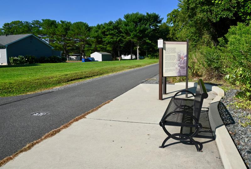 Rest stops, like this one dedicated to the late broadcasting pioneer and avid cyclist Tom Draper, line the popular Lewes-to-Georgetown Trail.