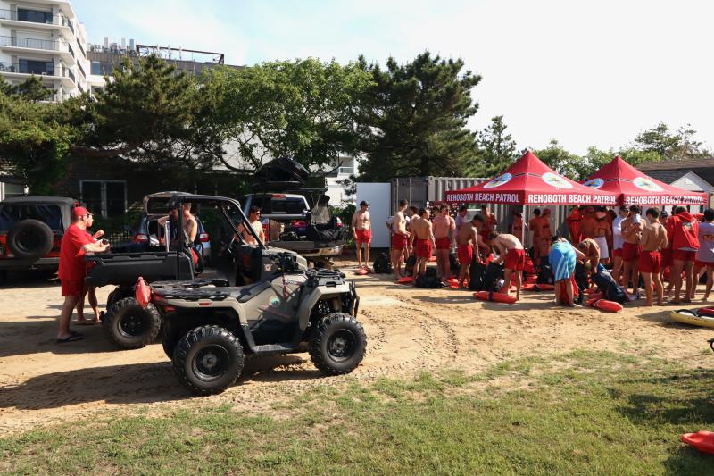 Rehoboth Beach Patrol is operating out of a temporary location near Grenoble Place while its new headquarters is being built at the Boardwalk and Baltimore Avenue. It has a repurposed shipping container for an office and tents for shade.