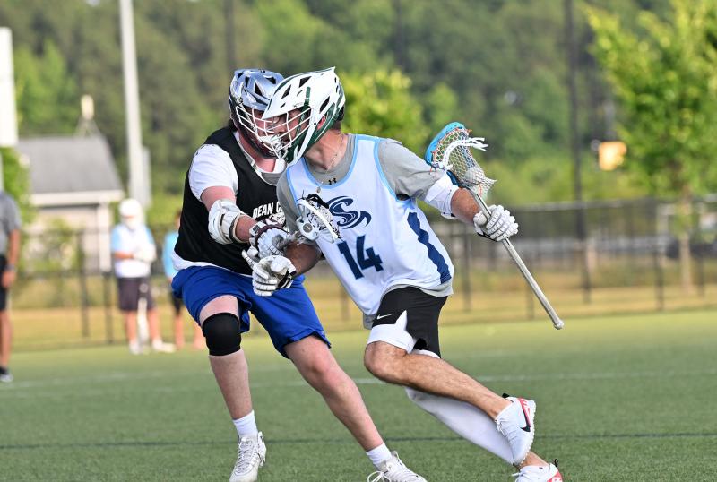 Shorebreak Lacrosse attack and current Delaware Tech head coach Dan Yearick (Mount St. Mary’s University) dodges to the goal. He scored four goals and assisted on three.