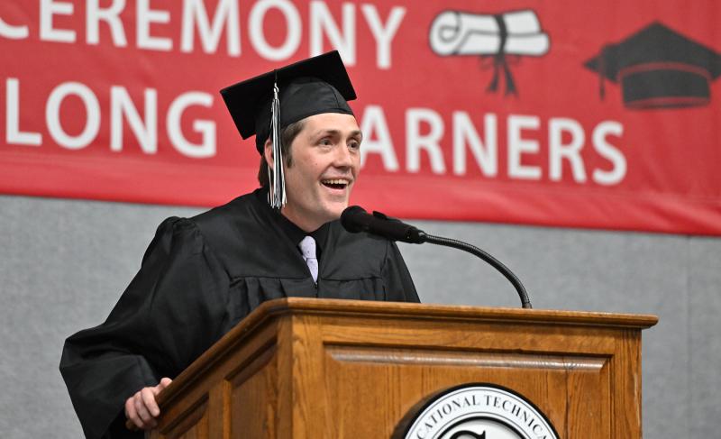 Student speaker Larry Hearn III speaks about finishing up his degree from James H. Groves Adult High School.
