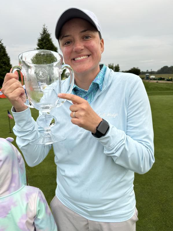 Amy Lewis is all smiles with her trophy after winning the 2024 New Swarm Classic at American Classic Golf Club May 17-19. SUBMITTED PHOTO