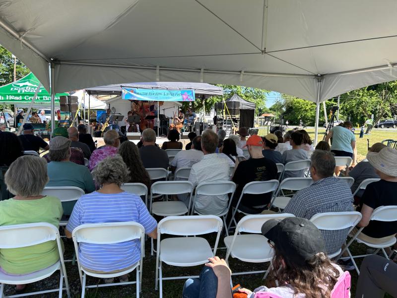 Audience members enjoy music from underneath a cool-providing canopy.