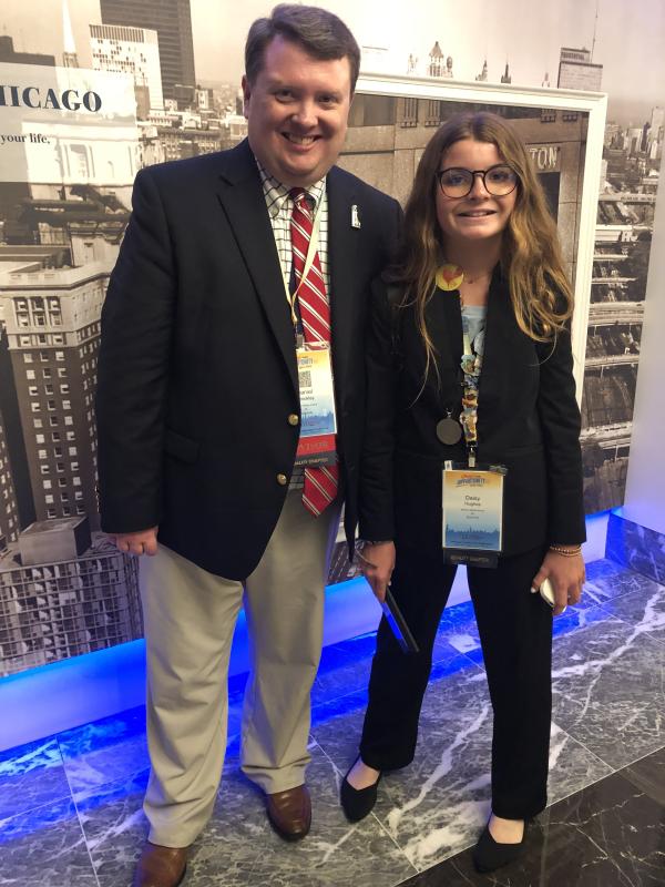 Despite being new to BPA, Daisy Hughes, right, with advisor Daniel Shockley, proved to be a powerhouse, becoming the chapter’s most awarded seventh grader after securing a combined six state and national medals.