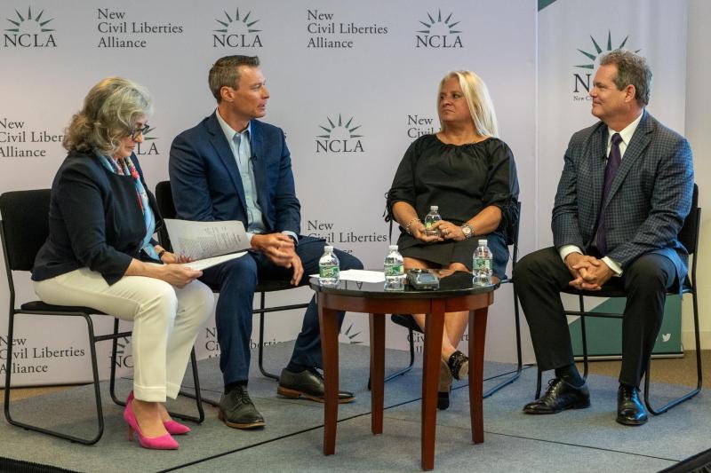 The Cape Gazette has joined the New Civil Liberties Alliance and others in a court appeal to end the Securities and Exchange Commission gag rule. Shown at an earlier forum on the appeal are (l-r) Margaret Little, NCLA counsel; Chris Rausch, owner/publisher Cape Gazette; Cassandra Toroian, former Rehoboth Beach investment advisor; and Thomas Powell, a finance entrepreneur. NCLA PHOTO