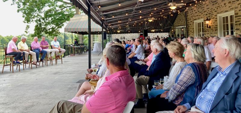 Huntingdon Valley Country Club held a book signing and panel discussion June 13 celebrating John Riley’s new biography of Bill Hyndman, whose longtime residence sat next to the Montgomery County property. The panel included (l-r) Philadelphia broadcaster Harry Donahue, PGA Tour Champions golfer Jay Sigel, Gordon Brewer, John Riley and William Hyndman V, Bill’s grandson. FRITZ SCHRANCK PHOTO