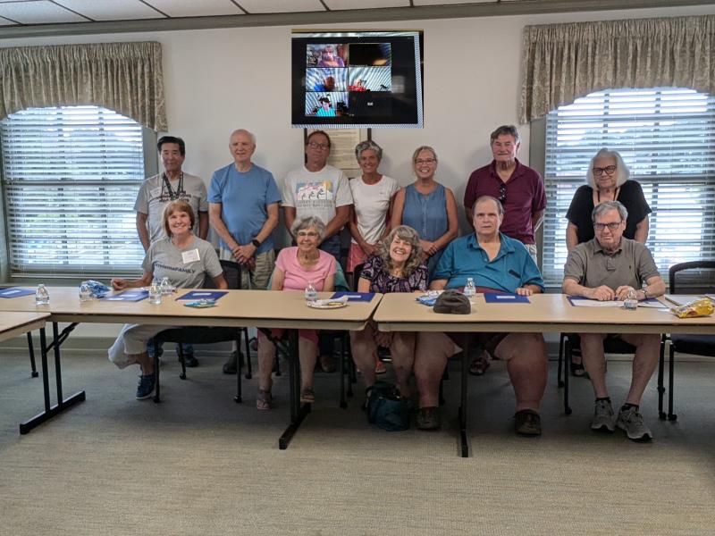 In-person attendees at the July 20 Delaware Multiple Myeloma Support Group meeting are in back (l-r) Rocky Iwahashi, Tony Matero, Bob Hughes, Margaret Colvin, the Rev. Paula Waite, Mike Buso and Patricia Reuter. In front are Sue Iwahashi, Pat Matero, Trish Tear, Art Tear and Bernard Beuter. Virtual attendees shown onscreen are George Leckenby, Daisy Cochan, Dennis Berlin and Barb Alushin. SUBMITTED PHOTO