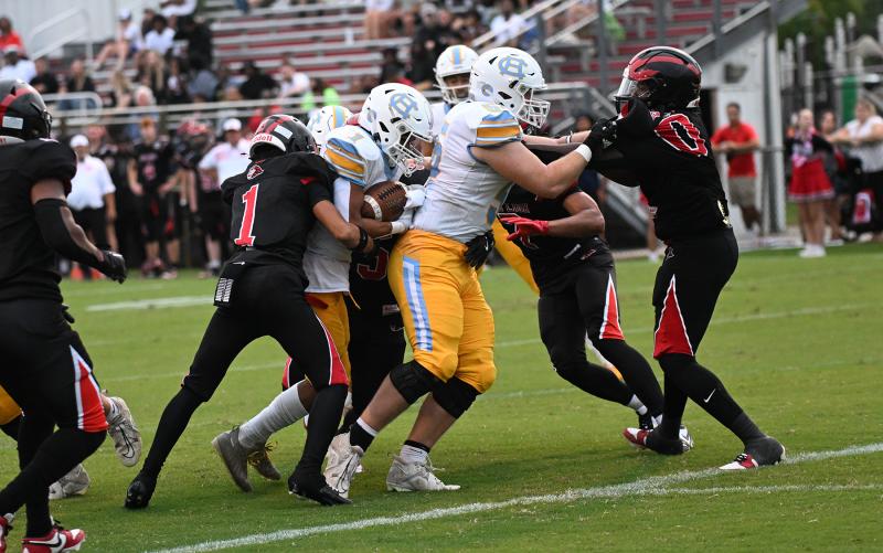 Cape offensive lineman Bodie Frederick opens up a running lane for Jayden Messick to score the first touchdown of the 2024 season.