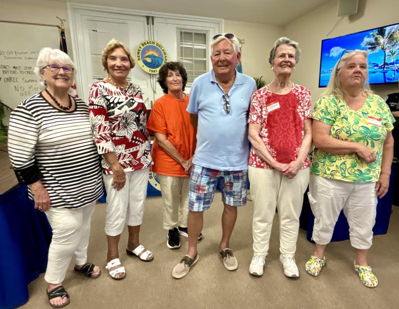 Gathered at the Aug. 24 Dewey Beach Civic League meeting are (l-r) Past President Kay Sullivan, President Diane Hanson, Secretary Diane TenHoopen, Phil Winkler, Secretary Eleanor Tyler and Mimi McKennan. Missing from the photo are members Steve Huse, Treasurer Joan Kloepfer and Jen Taylor. ELLEN DRISCOLL PHOTOS