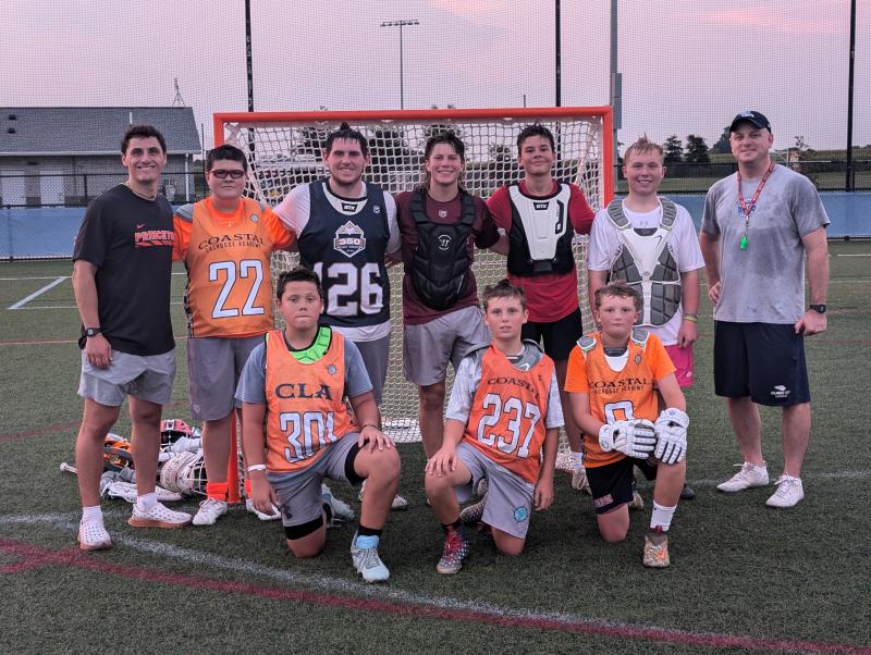 Shorebreak Lacrosse held its first goalie clinic at DE Turf July 31, giving local and visiting goalies a chance to learn from Cape alum Franc Cook and current University of North Carolina - Chapel Hill goalie Mike Gianforcaro, who wrapped up his career at Princeton University this past spring. Shown in back are (l-r) Mike Gianforcaro, Jagger Clifford, Nate Roscoe, Jake Muntz, Ian Gleason, Gavin Hopkins and Franc Cook. In front are Callen Justiniano, Bryson Bell and Tyler Bell. AARON MUSHRUSH PHOTOS