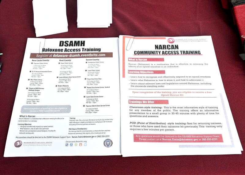Delaware Health and Social Services Division of Substance Abuse and Mental Health had flyers detailing what Naloxone is and where to get training.