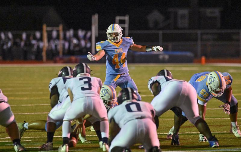 Cape senior linebacker Zane Coulbourne sets the defense. He made two individual tackles in the contest.