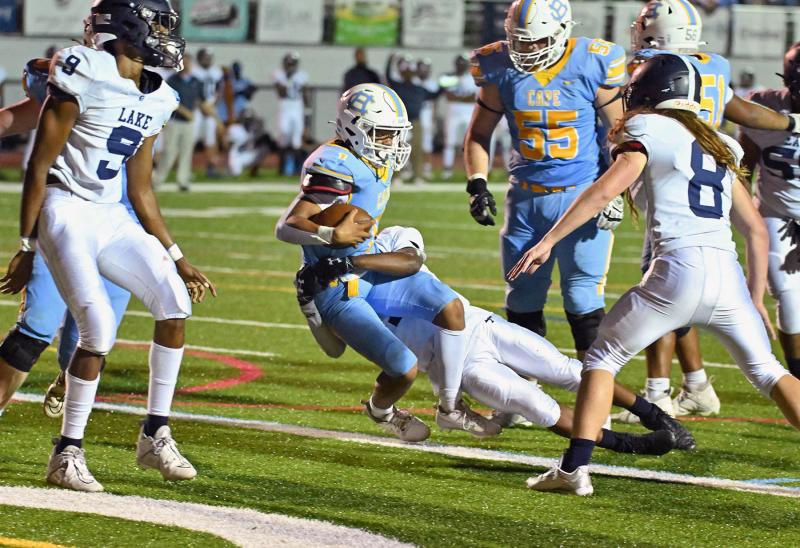 Jayden Messick dives in for a three-yard Cape score. He rushed 16 times for 66 yards and two touchdowns.