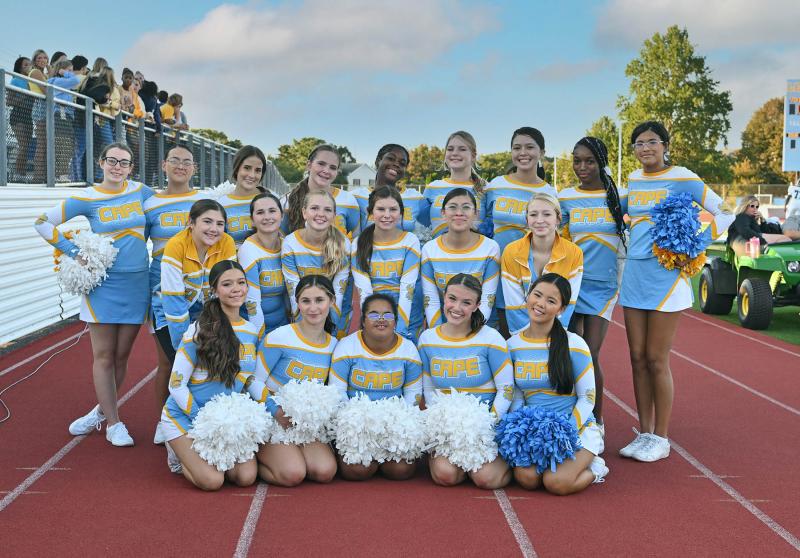 The Cape cheerleaders are set to perform for the game. Shown are (back row l-r) Emma Krouse, Laila Sellers, Blanca, Garcia Gonzallez, Alyssa Klase, Aniyah Thomas, Emma Cordy, Mamasaidova Gulbegim, Georriya Davism and Jayda Fooks and (middle row l-r) Allison Wilks, Kate Liebl, Kaylin Wightman, Carley Nonemaker, Ruby Garcia-Osorio, Kiley Swavely and (front row l-r) Mia Milnamow, Layla Webster, Gabby Parillon, Carly Favoroso and Ailene Corey.