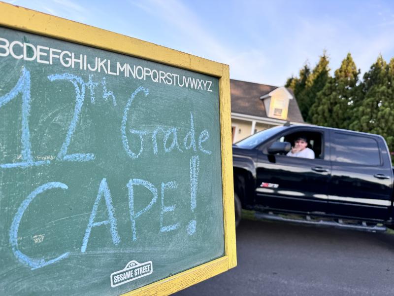 Following in the footsteps of his sister, Shannon O’Neill (Cape High Class of 2014), James Falk Jr. gets to use the same back-to-school and weekly spelling chalkboard one last time as he heads off for his first day of senior year. KAREN FALK PHOTO