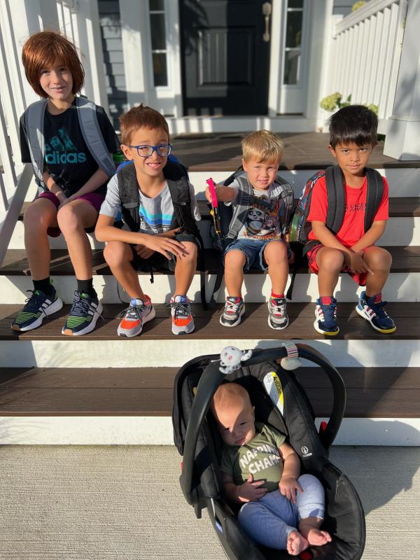 The Suchecki boys are ready for their first day of school. Gathered are (l-r) Zachary, fourth grade, Love Creek Elementary; Everett, second grade, Love Creek Elementary; Aidan, Children’s Beach House preschool; and Casey, kindergarten, Love Creek Elementary. In front, Rowan, 4 months, is starting daddy day care. PETE SUCHECKI PHOTO