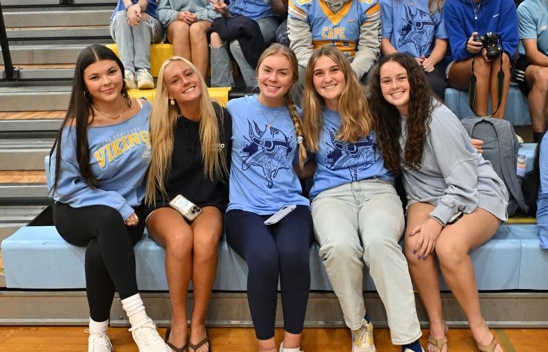 Seniors enjoying the pep rally are (l-r) Summer Zachos, Sophia Massaro, Faith Re, Hayden Hudson and Darcy Crotty.