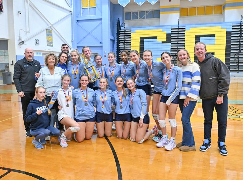 The Cape Henlopen girls’ volleyball team is the 2024 Henlopen Conference champion. Shown in back are (l-r) assistant coaches George Celia, Pam Coupe, Rachael Smith and Vince Failla; players Mia Gordon, Amalia Fruchtman, Rylee Ockels, Brielle Ross, McKenzie Everson, Camilla Willis, Harper Mamele and Kayle Sockriter; coach Rileigh Hudock; and head coach Tyler Coupe. In front are manager Elle Nauman and players Amara Fruchtman, Emme Smith, Mallory Terhune, Dilyla Rohls and Ava Calciano. DAN COOK PHOTOS