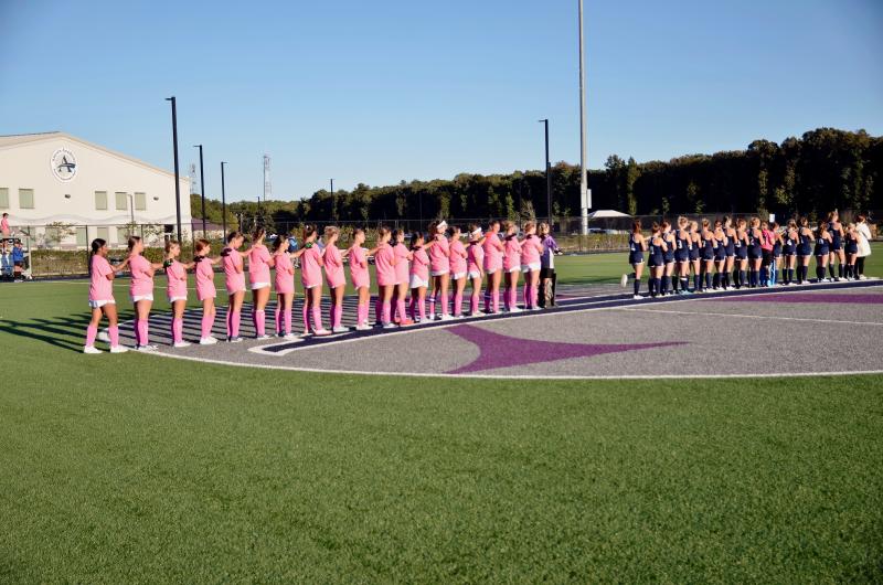 The game against Lake Forest was held during Sussex Academy’s Breast Cancer Awareness Night. The girls wore pink warm-up shirts and pick socks to bring attention to the devastating disease.