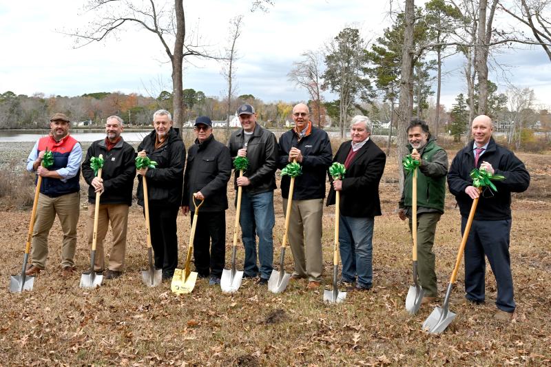 Breaking ground are (l-r) Matt Provost, Chesapeake Conservancy; Ring Lardner, Sussex County Land Trust; Rep. Tim Dukes, R-Laurel; Rep. Danny Short, R-Seaford; Seaford Mayor Matt MacCoy; Sussex County Councilman Mike Vincent; Sussex County Councilman John Rieley; Mark Chura, Sussex County Land Trust; and Todd Lawson, Sussex County administrator. TED PFIRRMANN PHOTOS