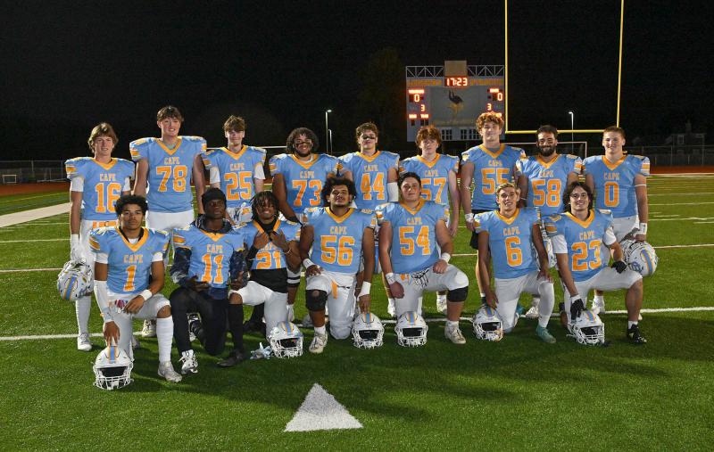 The Cape football Class of 2025 includes in back (l-r) Brendan Staggs, James Truitt, Colby Jester, Tyler Cohen-Kreis, Zane Coulbourne, Blake Frye, Bodie Frederick, Daniel Bila and Tanner Wyshock. In front are Jayden Messick, Joshua Thomas, Andree' Mosley, Gawain Curtis, David Schulze, Trent Kauffman and Javian Wise. DAN COOK PHOTOS
