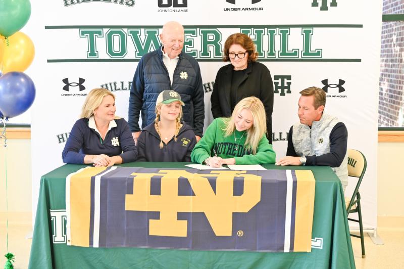 The Brockstedt family attends the recent signing ceremony for Sawyer Brockstedt, who accepted a scholarship offer to play for the Notre Dame women’s golf team beginning in fall 2025. Shown in back are Pete and Donna Brockstedt. In front are (l-r) mother Kelly, sister Hudson, Sawyer, and father Chase. SOURCE: TOWER HILL SCHOOL