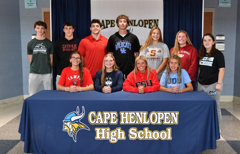 Cape athletes signed their letters of intent Nov. 13. at Cape Henlopen High School. Shown in back are (l-r) Ronan Presler, Jake Hutchison, Patrick Donahue, Jase Mitchell, Lina Frederick, Alivia Heers and Abigail Schaeffer. In front are Quinn Nutter, Ava Calciano, Brianna Windish and Macy Steinwedel. DAN COOK PHOTOS