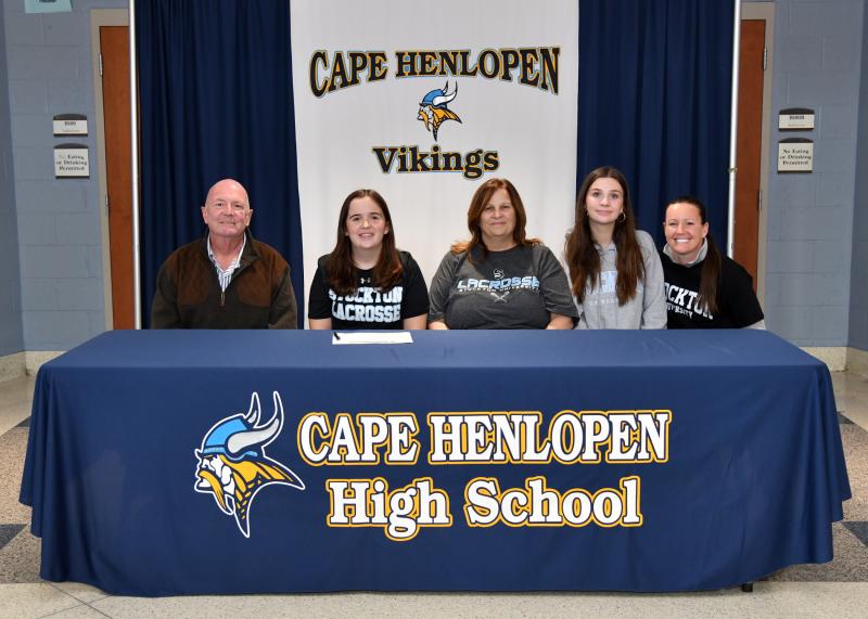 Abigail Schaeffer inked her promise to play lacrosse at Stockton College. Shown are (l-r) Peter, Abigail, Tina and Aubrey Schaeffer and Sammi Shivock.