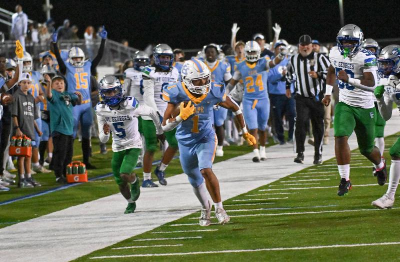 Cape running back Jayden Messick runs for a touchdown, but the play is called back for a holding call across the field.