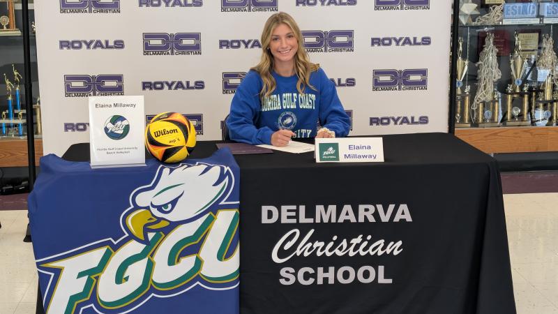 DIAA girls’ volleyball Player of the Year, Delmarva Christian senior Elaina Millaway, signed her letter of intent Nov. 19 to play Division I beach volleyball at Florida Gulf Coast University in Fort Myers. Millaway ended her Royals career with more than 1,000 kills and will leave the high school as the program’s all-time points leader. AARON R. MUSHRUSH PHOTOS