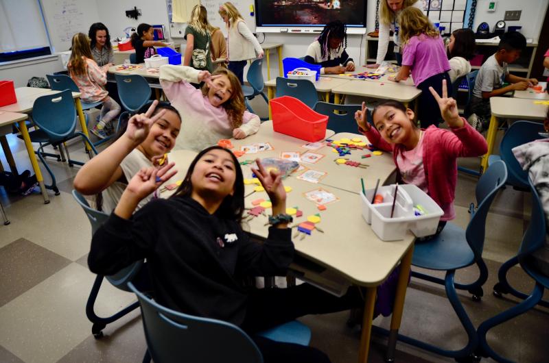 Taking a break from creating various objects and people are in back Camille Steinberg and Kaitlynn Lopez-Gomes, and in front Alexa Hercules Linarez and Maryorie Lux Ixcotoyac.