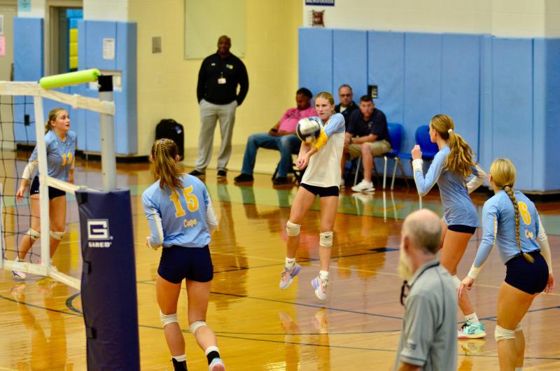Cape coach Tyler Coupe complimented sophomore Amara Fruchtman for her play as libero on the back line. Shown are (l-r) Mallory Terhune, Amalia Fruchtman, Amara Fruchtman, Harper Mamele and Ava Calciano.