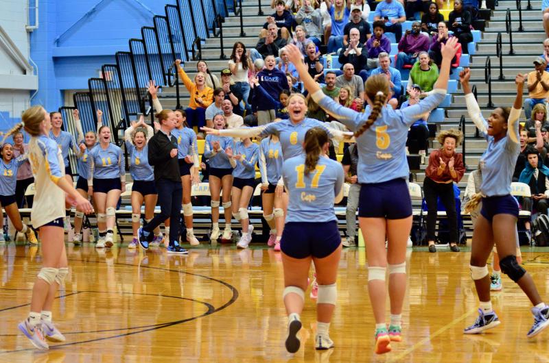 No. 16 Cape celebrated Halloween with a 3-0 win over No. 17 Middletown in the first round of the 2024 DIAA girls’ volleyball tournament. Shown (l-r) are Naise Ngido, Amara Fruchtman, Amalia Fruchtman, Mallory Terhune, Bri Ross, Dilyla Rohls, coach Tyler Coupe, Maile Godwin, Rylee Ockels, Kaylee Sockriter, Mia Gordon, Ava Calciano, Emi Smith, Camilla WIllis and McKenzie Everson. AARON R. MUSHRUSH PHOTOS